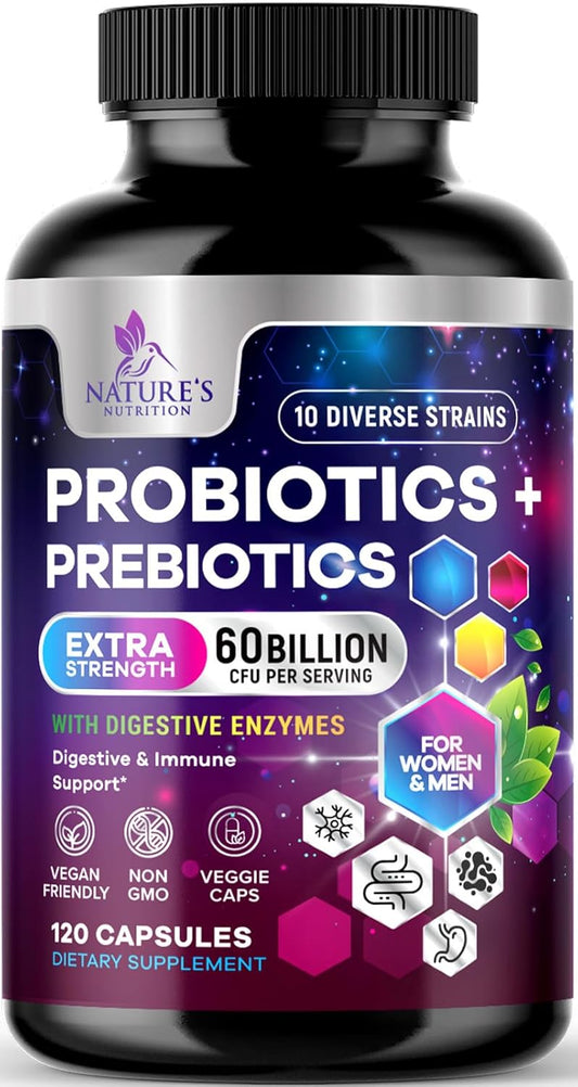 Ultra Strength Probiotic Supplement with 60 Billion CFU, 10 Strains - Digestive & Immune Health Support - 120 Capsules