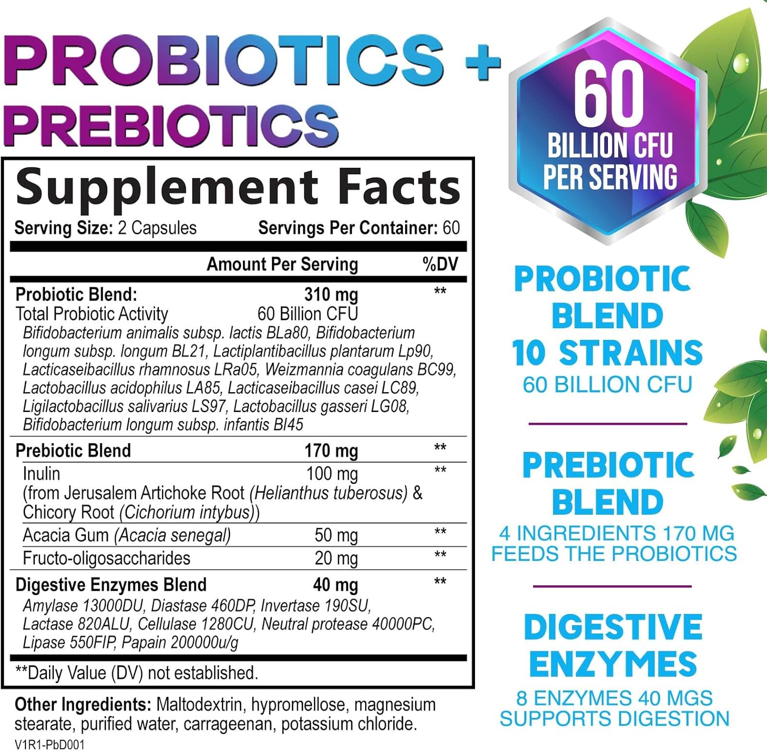 Ultra Strength Probiotic Supplement with 60 Billion CFU, 10 Strains - Digestive & Immune Health Support - 120 Capsules