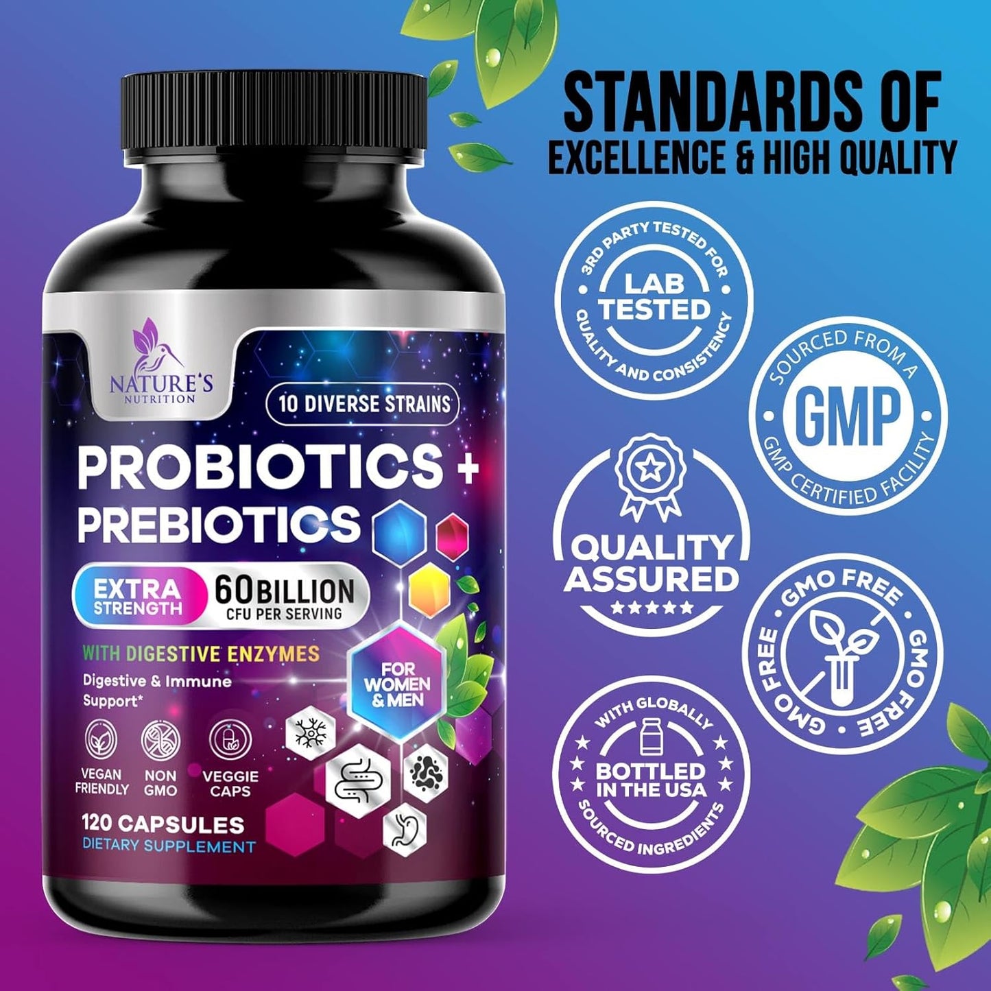 Ultra Strength Probiotic Supplement with 60 Billion CFU, 10 Strains - Digestive & Immune Health Support - 120 Capsules