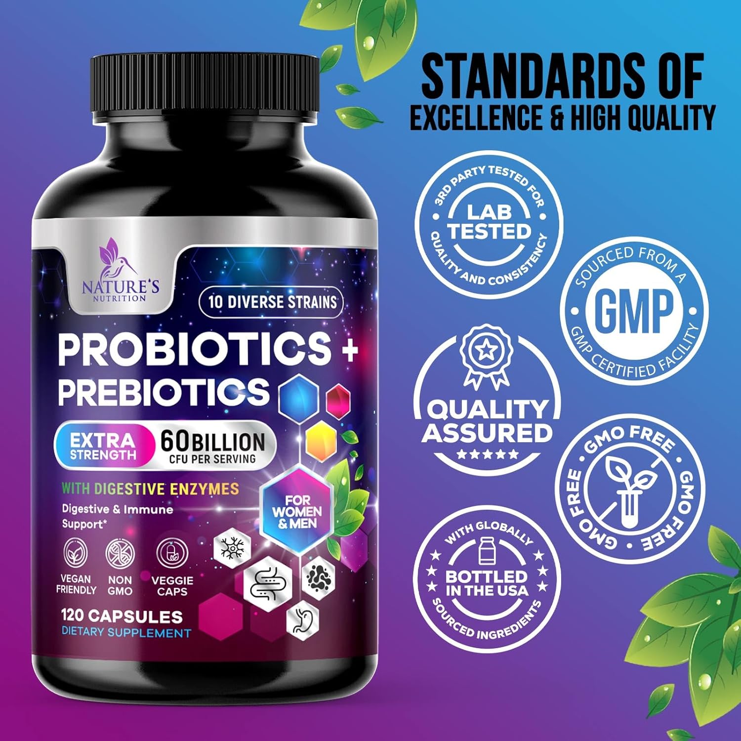 Ultra Strength Probiotic Supplement with 60 Billion CFU, 10 Strains - Digestive & Immune Health Support - 120 Capsules
