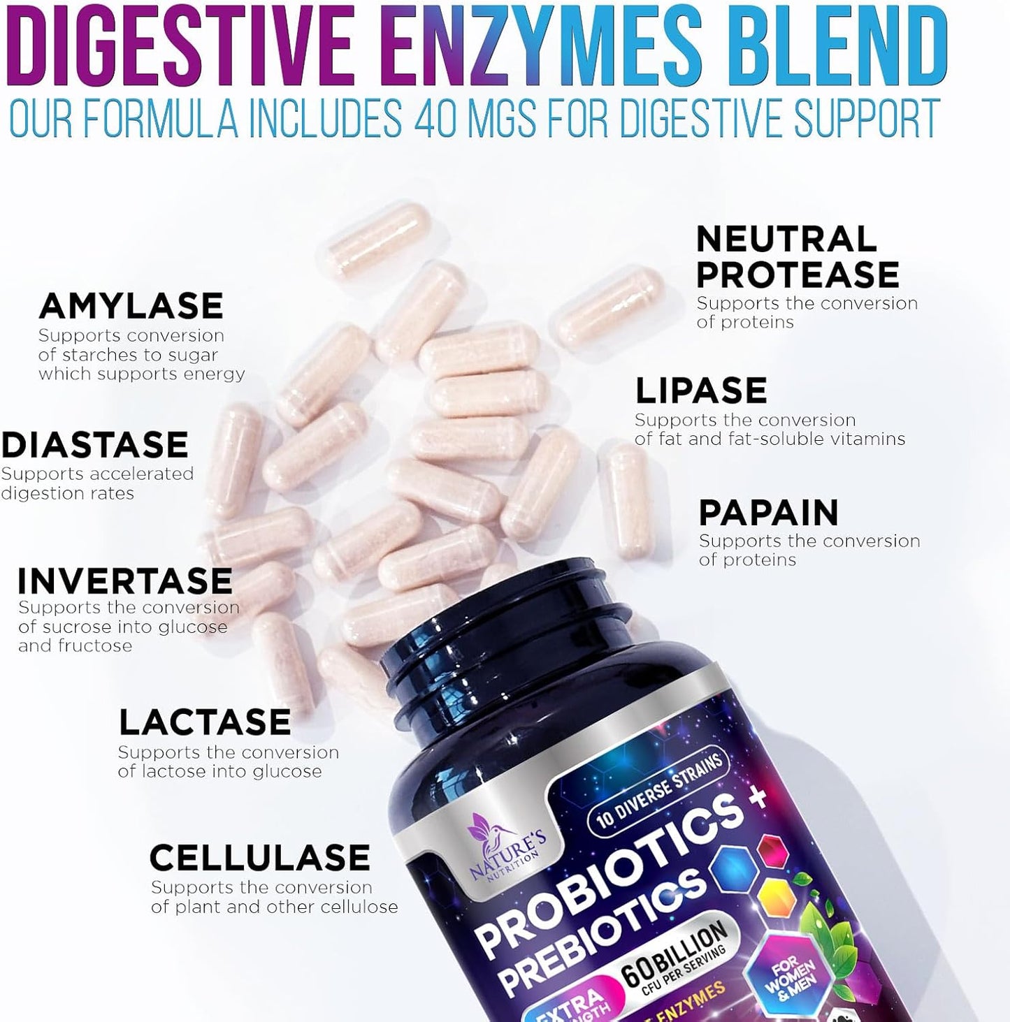 Ultra Strength Probiotic Supplement with 60 Billion CFU, 10 Strains - Digestive & Immune Health Support - 120 Capsules