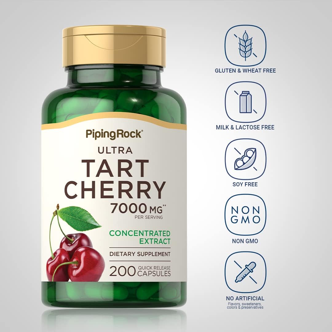 Ultra Strength Tart Cherry Extract Capsules - 7000 mg - 200 Pills - Non-GMO, Gluten Free Supplement by Piping Rock