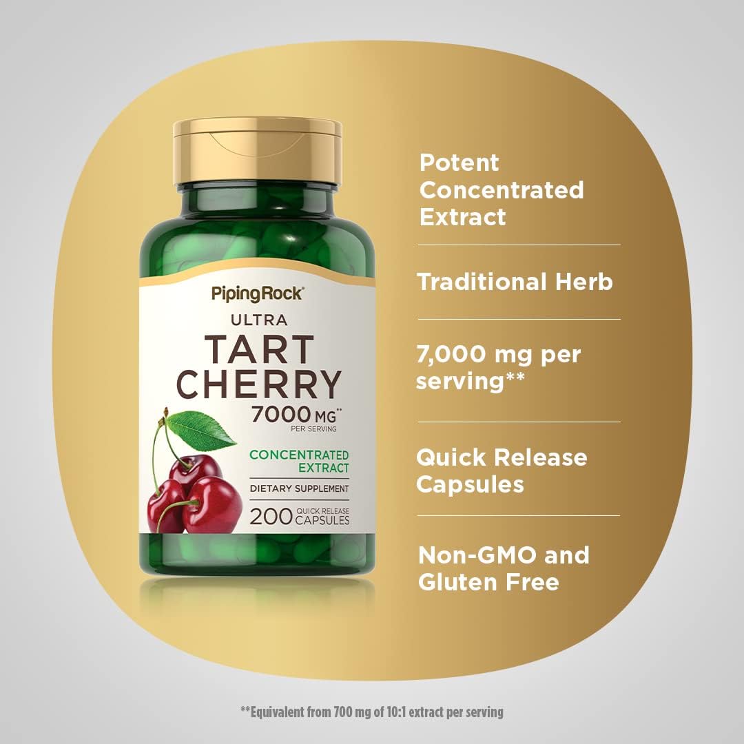 Ultra Strength Tart Cherry Extract Capsules - 7000 mg - 200 Pills - Non-GMO, Gluten Free Supplement by Piping Rock