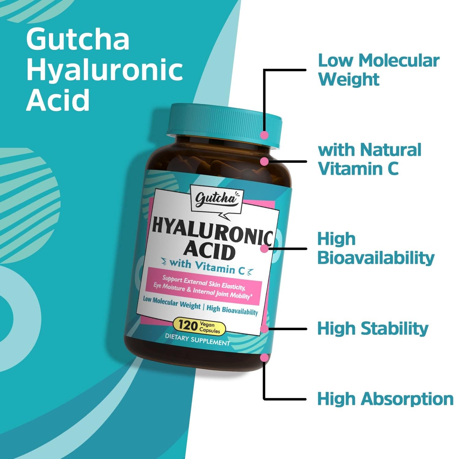 Ultra Strength Vegan Hyaluronic Acid with Vitamin C for Joints, Skin & Eyes - Anti-Aging Formula, Non-GMO - 120 Capsules