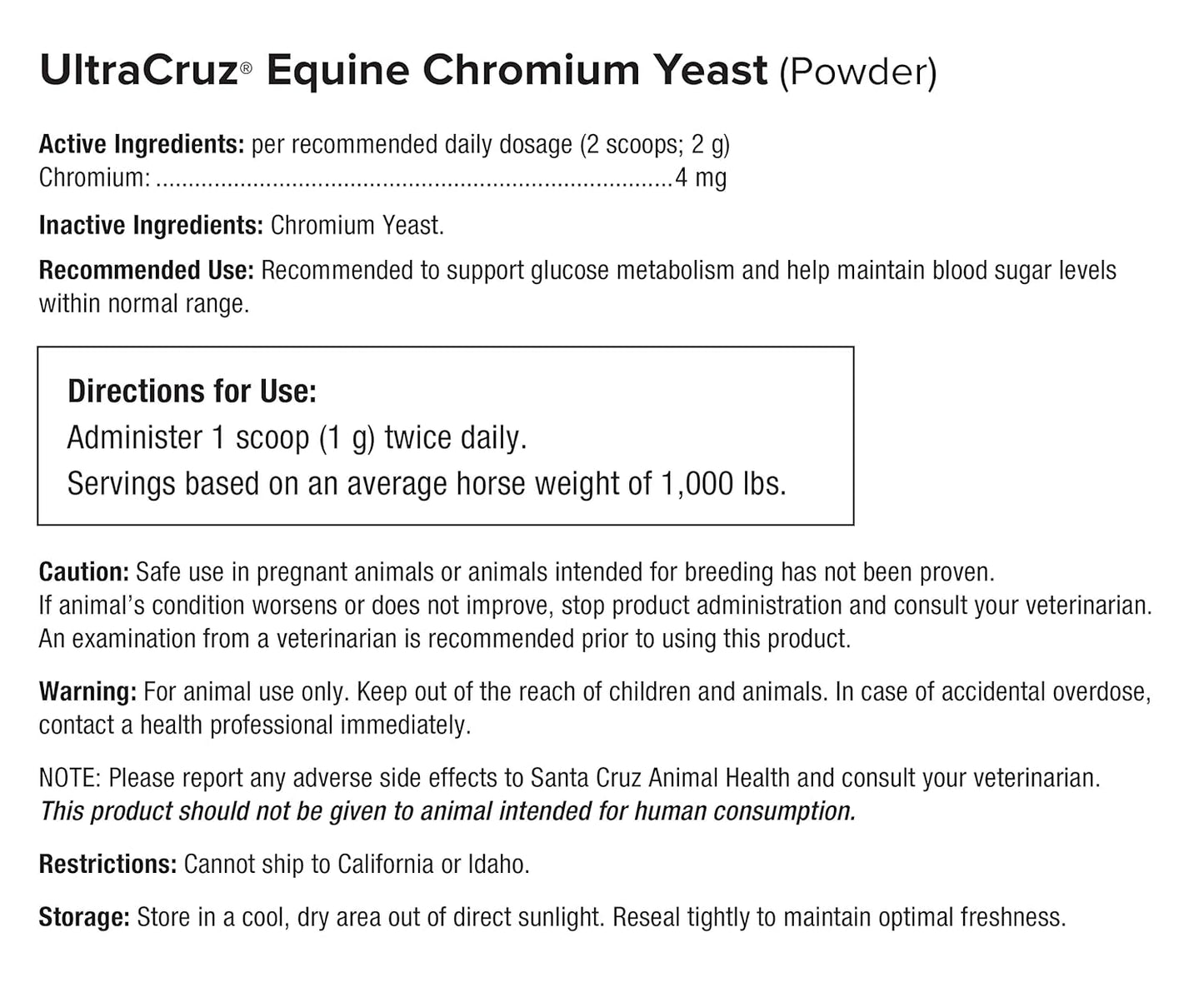 UltraCruz Equine Chromium Yeast Powder Supplement for Horses - 2 lb (454 Days)