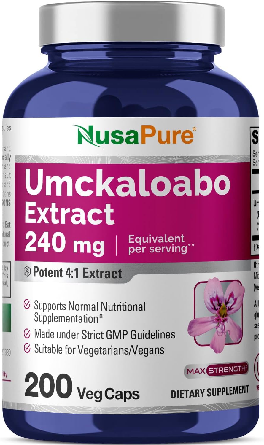 Umckaloabo Extract 240mg - 200 Vegetarian Capsules (Non-GMO, Vegan) by NusaPure