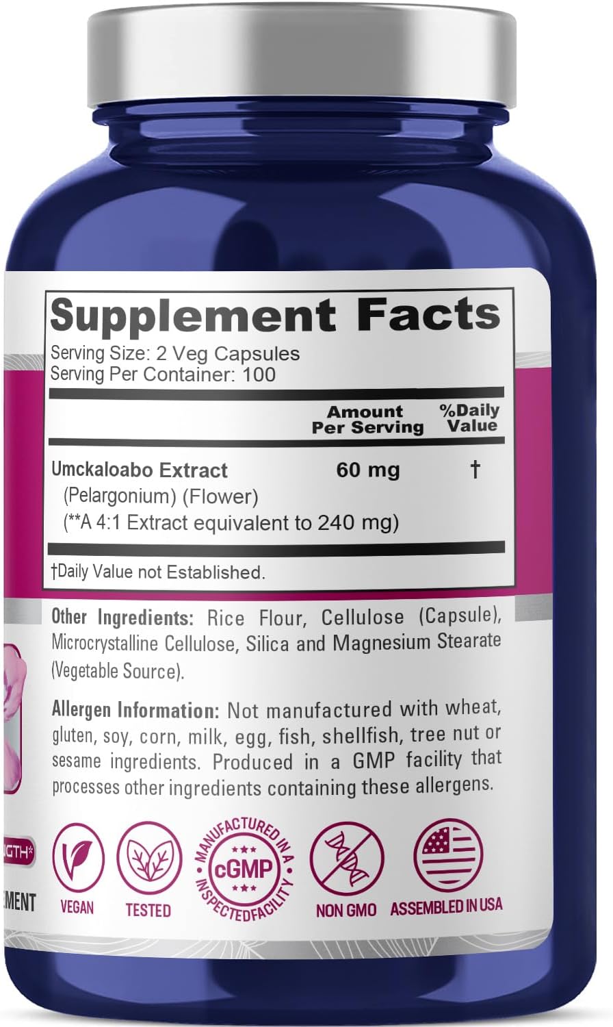 Umckaloabo Extract 240mg - 200 Vegetarian Capsules (Non-GMO, Vegan) by NusaPure
