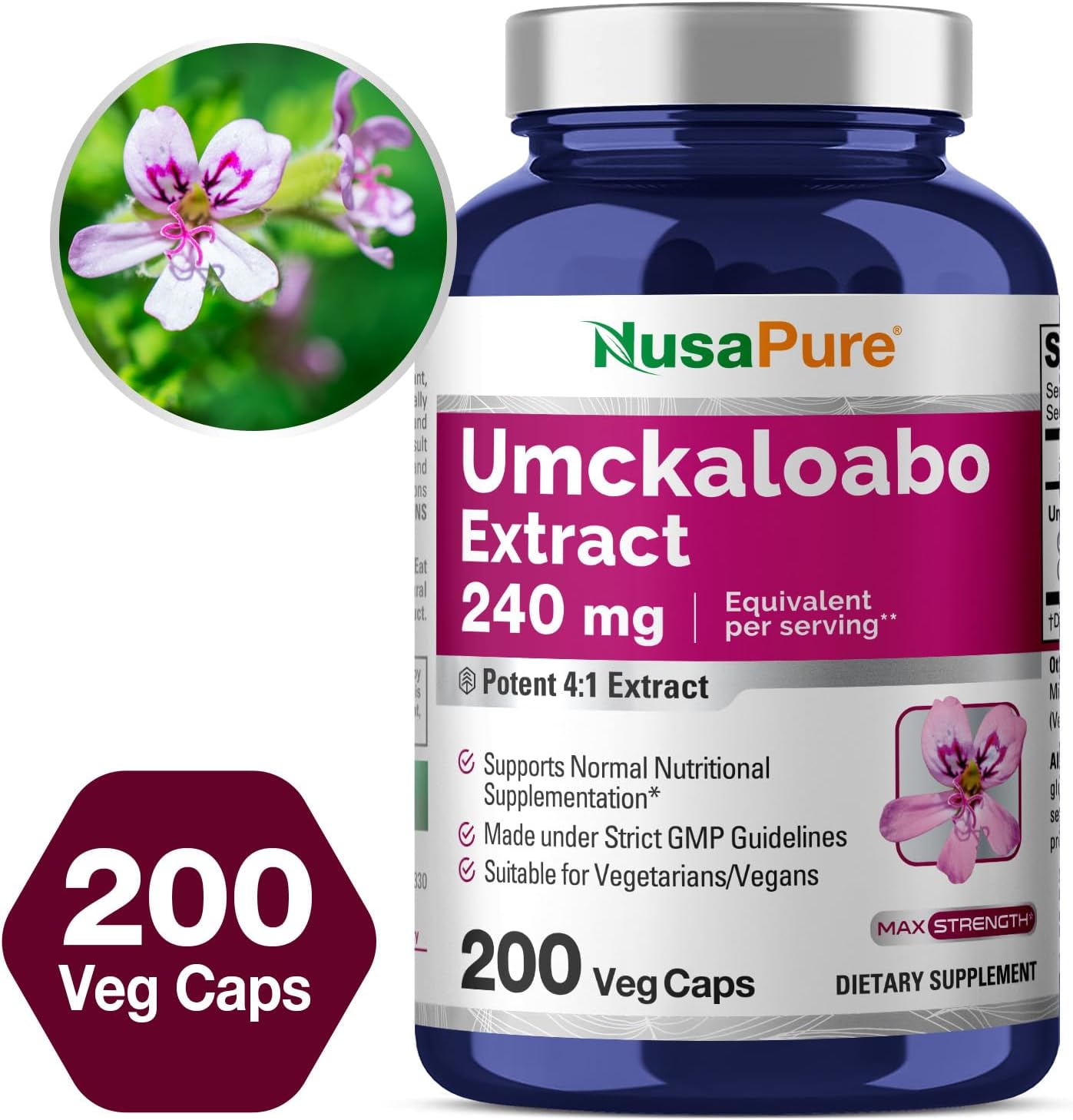 Umckaloabo Extract 240mg - 200 Vegetarian Capsules (Non-GMO, Vegan) by NusaPure