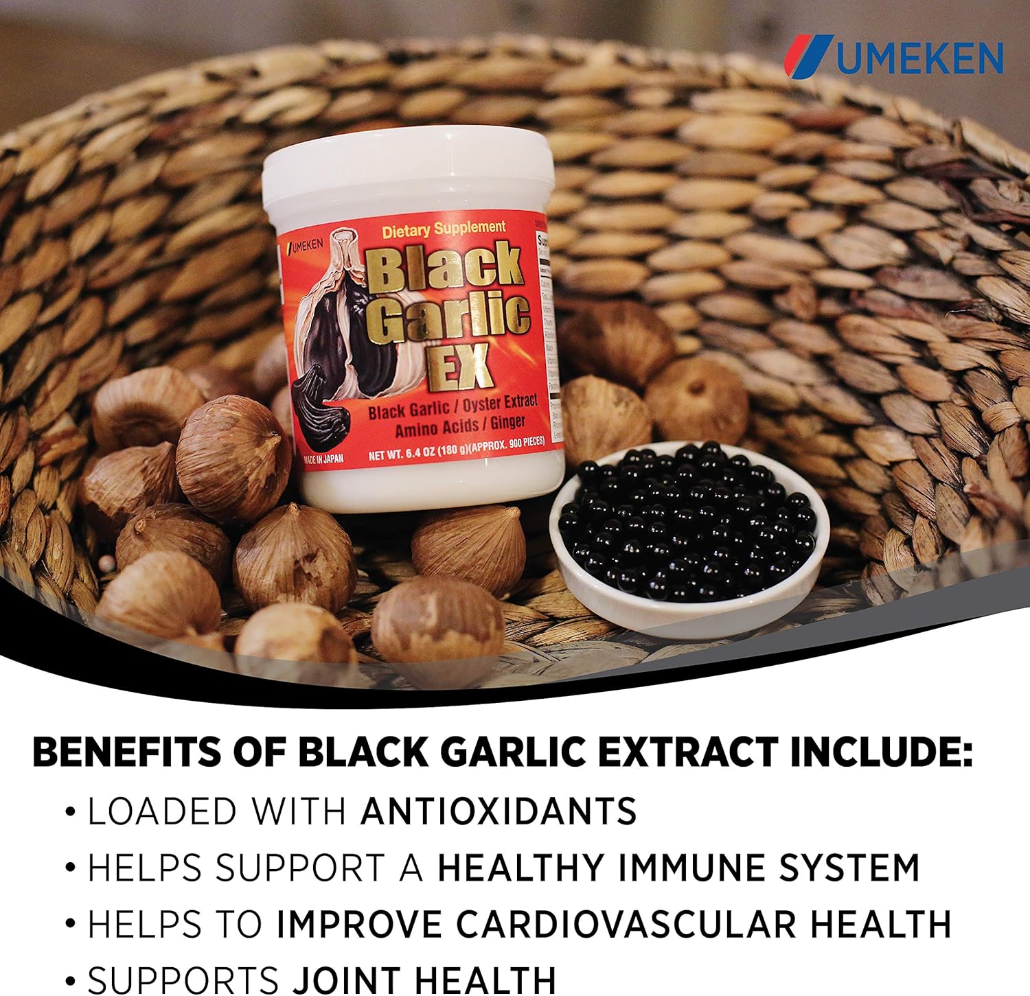 Umeken Black Garlic EX Supplement with Vitamin B, Allicin, Amino Acid, Oyster Extract, Ginger - 4-6 Month Supply (2 Pack)