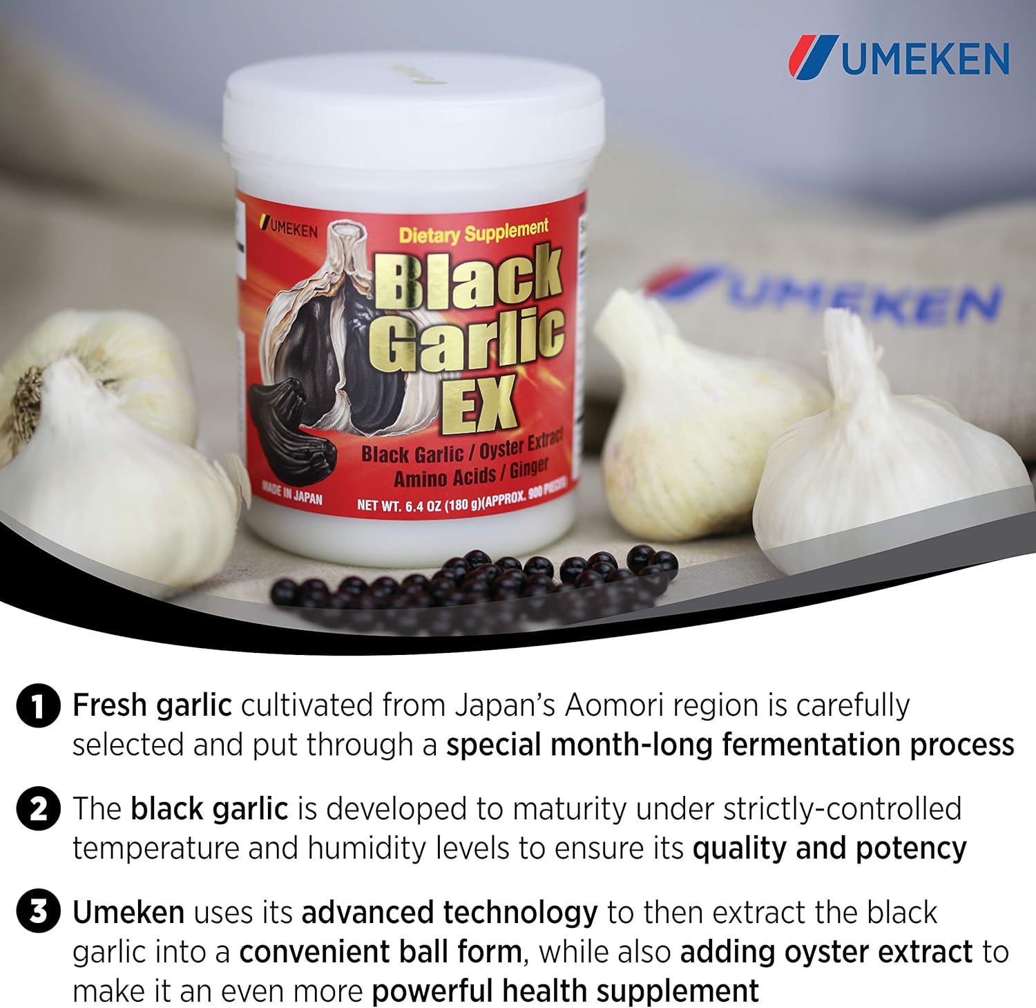 Umeken Black Garlic EX Supplement with Vitamin B, Allicin, Amino Acid, Oyster Extract, Ginger - 4-6 Month Supply (2 Pack)