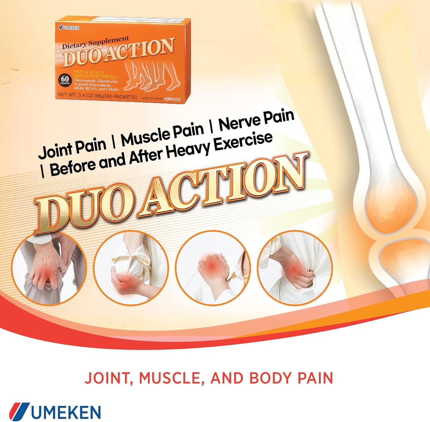 Umeken Duo Action MSM + BCAA Herbal Formula, Chondroitin & Glucosamine Supplements - 60 Packets, 1 Month Supply