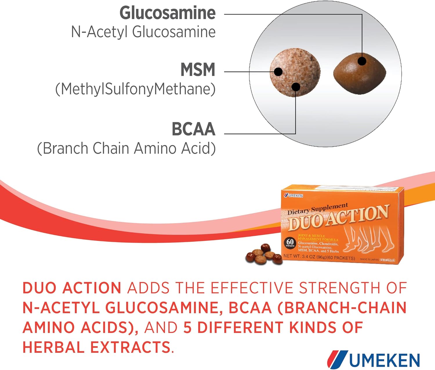 Umeken Duo Action MSM + BCAA Herbal Formula, Chondroitin & Glucosamine Supplements - 60 Packets, 1 Month Supply