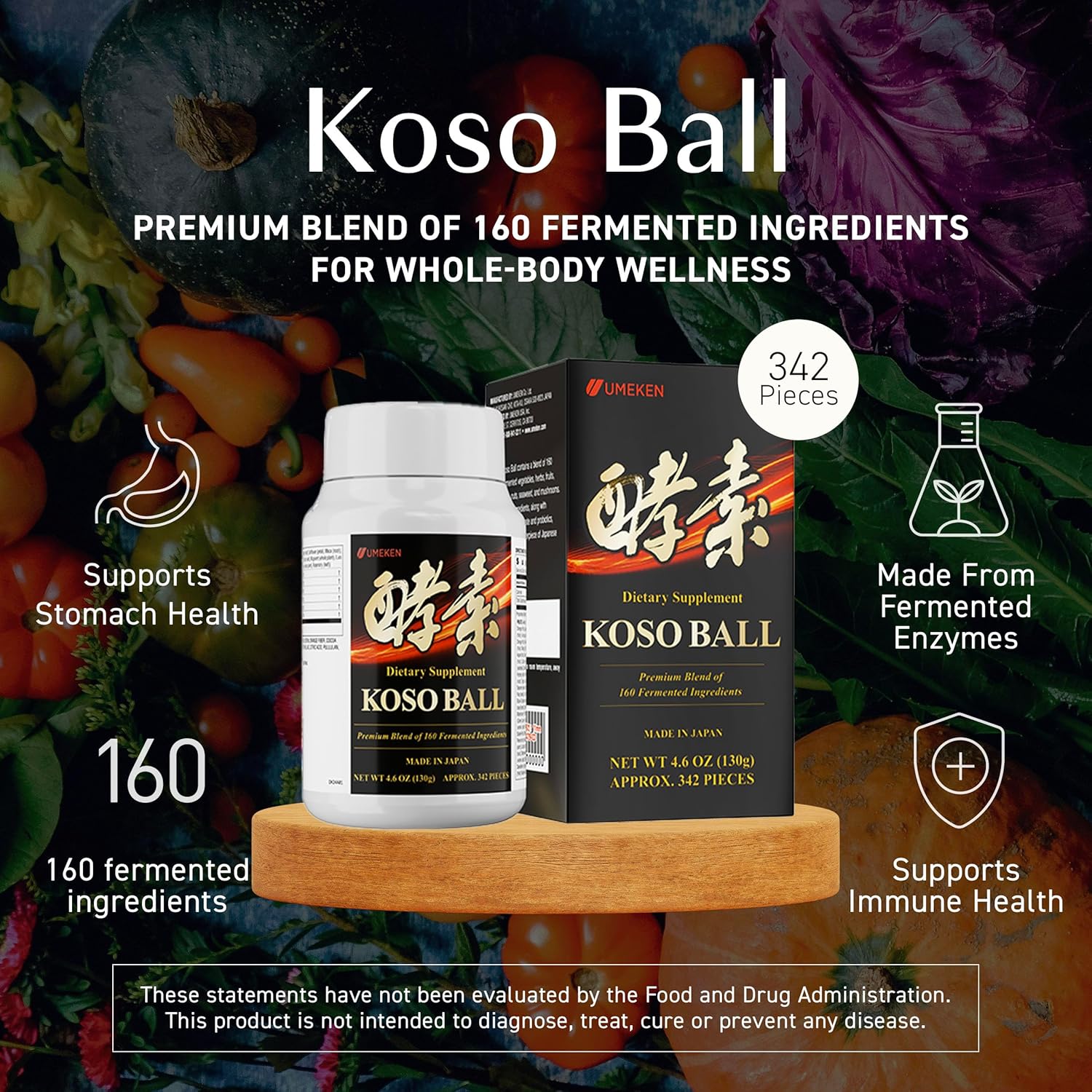 Umeken Koso Ball with 160 Fermented Ingredients for Stomach & Intestine Health - Pack of 342 Pieces - Japanese Immune Support & Wellness Supplement