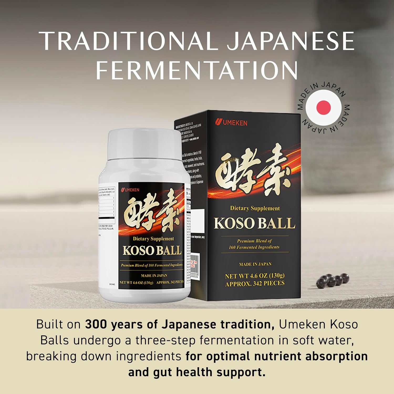 Umeken Koso Ball with 160 Fermented Ingredients for Stomach & Intestine Health - Pack of 342 Pieces - Japanese Immune Support & Wellness Supplement