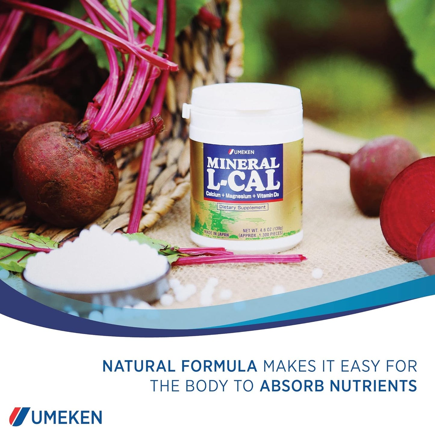 Umeken Mineral L-Cal: Calcium, Vitamin D3, Magnesium & Minerals in Fast-Absorbing Ball Format - 1,300 Balls, 130g - Pack of 2