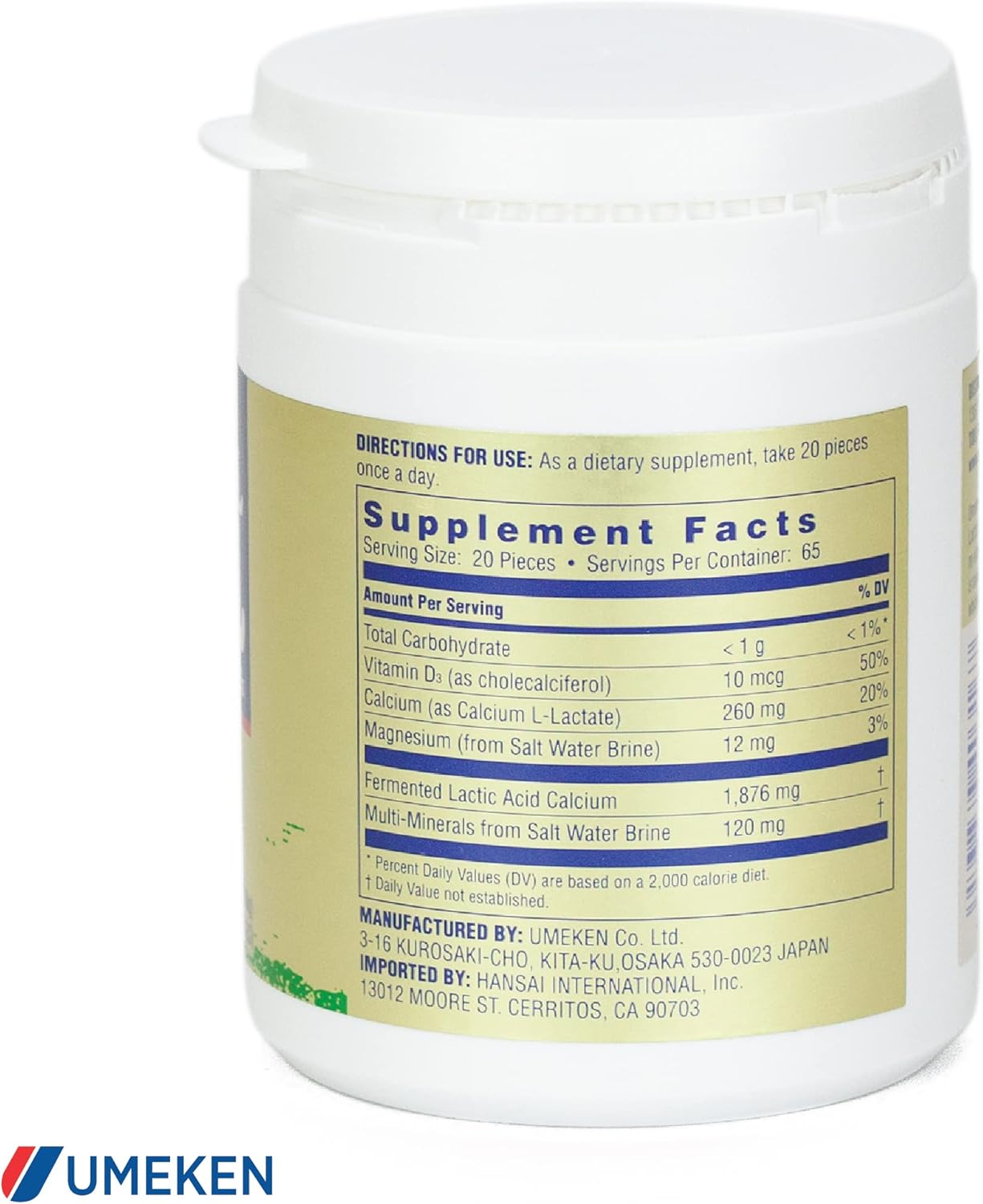 Umeken Mineral L-Cal: Calcium, Vitamin D3, Magnesium & Minerals in Fast-Absorbing Ball Format - 1,300 Balls, 130g - Pack of 2