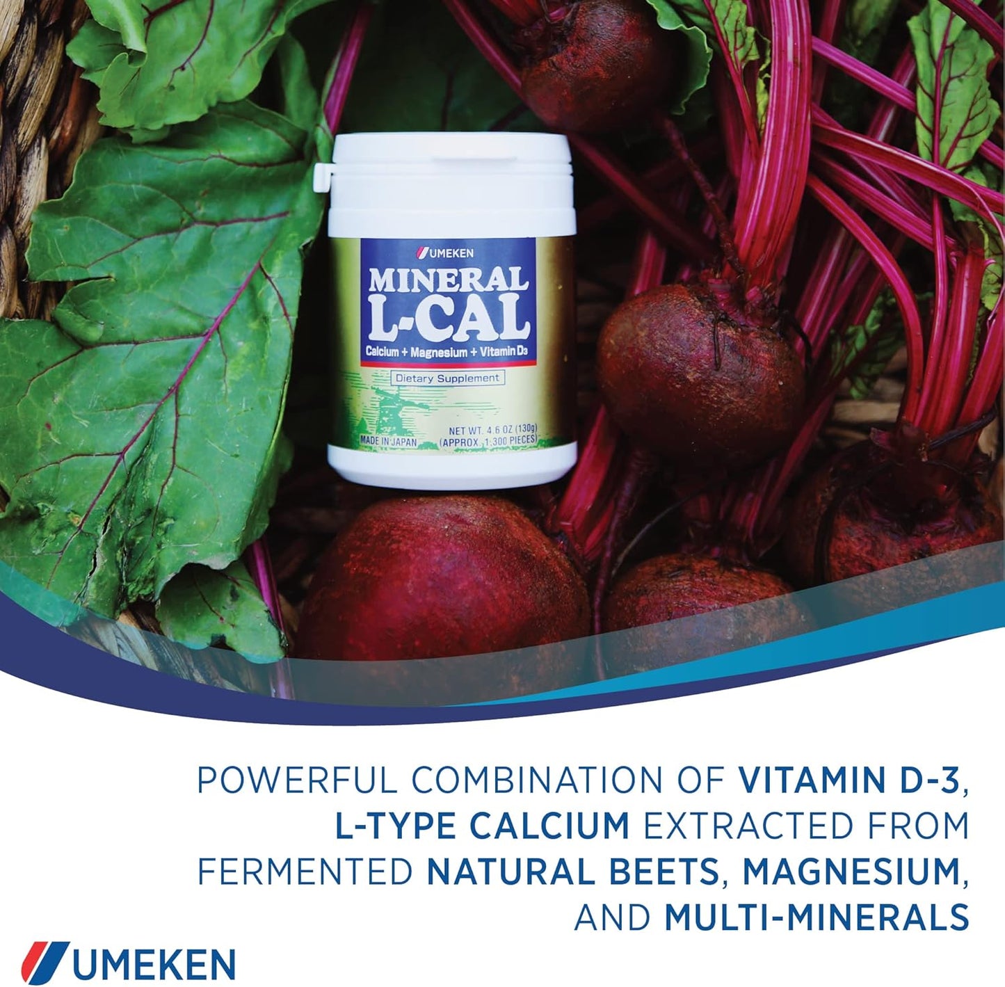 Umeken Mineral L-Cal: Calcium, Vitamin D3, Magnesium & Minerals in Fast-Absorbing Ball Format - 1,300 Balls, 130g - Pack of 2