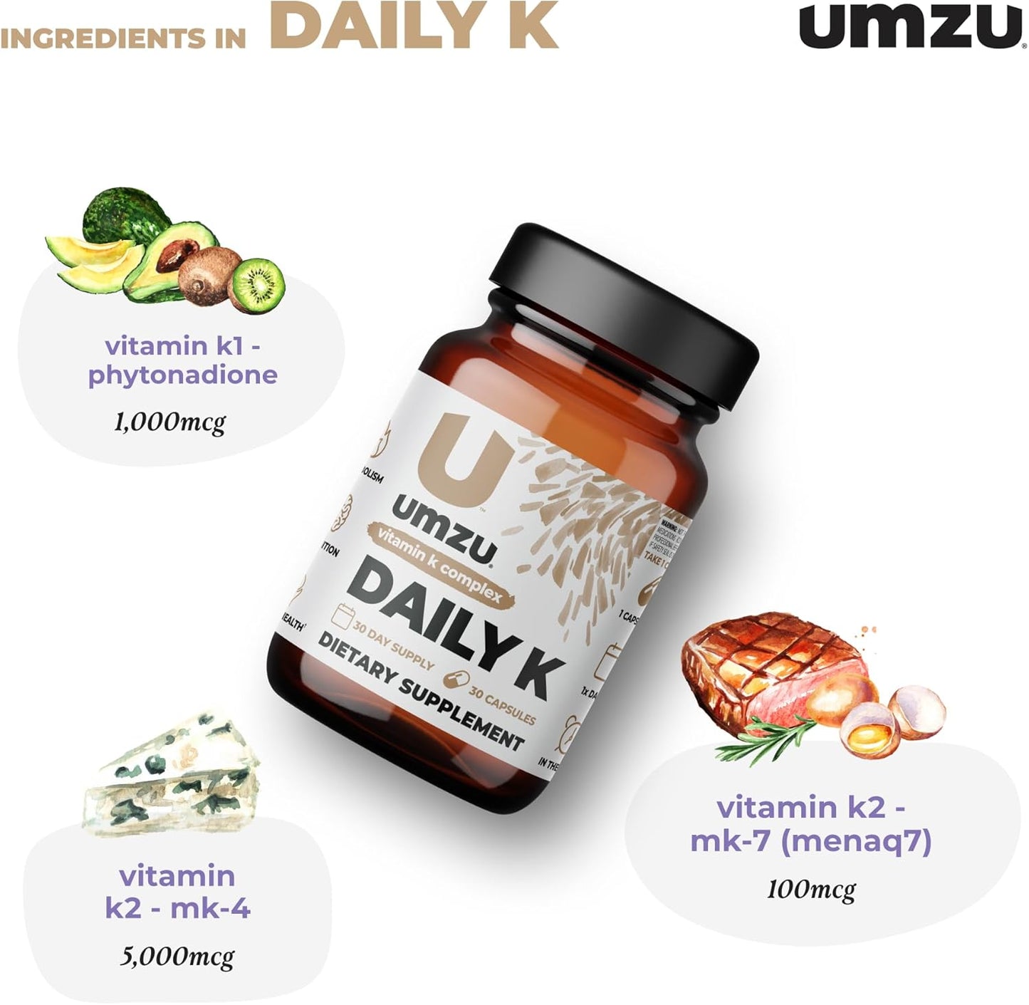 UMZU Daily K Vitamin Complex with K1, MK4 & MK7 for Bone, Cardiovascular, Blood Flow & Cognition Support - Liquid D3 Added (30 Day Supply)