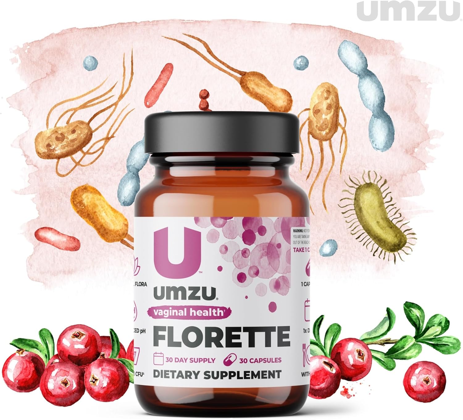 UMZU Florette Vaginal Probiotic with Cranberry Extract for Women | Promotes Vaginal pH Balance, Odor Control, UTI Prevention | 37B CFU | 30 Capsules