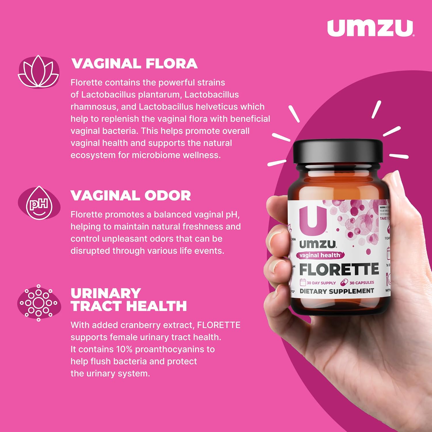 UMZU Florette Vaginal Probiotic with Cranberry Extract for Women | Promotes Vaginal pH Balance, Odor Control, UTI Prevention | 37B CFU | 30 Capsules