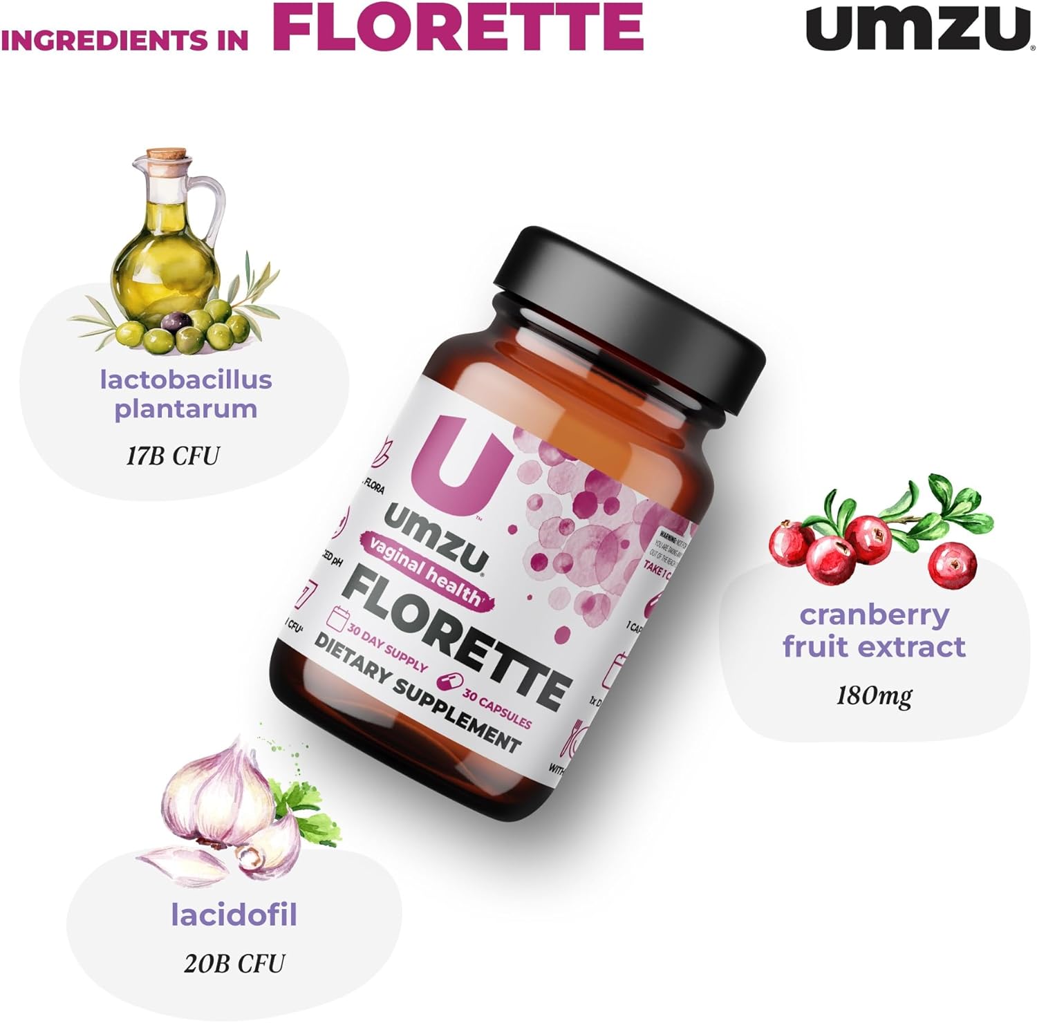 UMZU Florette Vaginal Probiotic with Cranberry Extract for Women | Promotes Vaginal pH Balance, Odor Control, UTI Prevention | 37B CFU | 30 Capsules