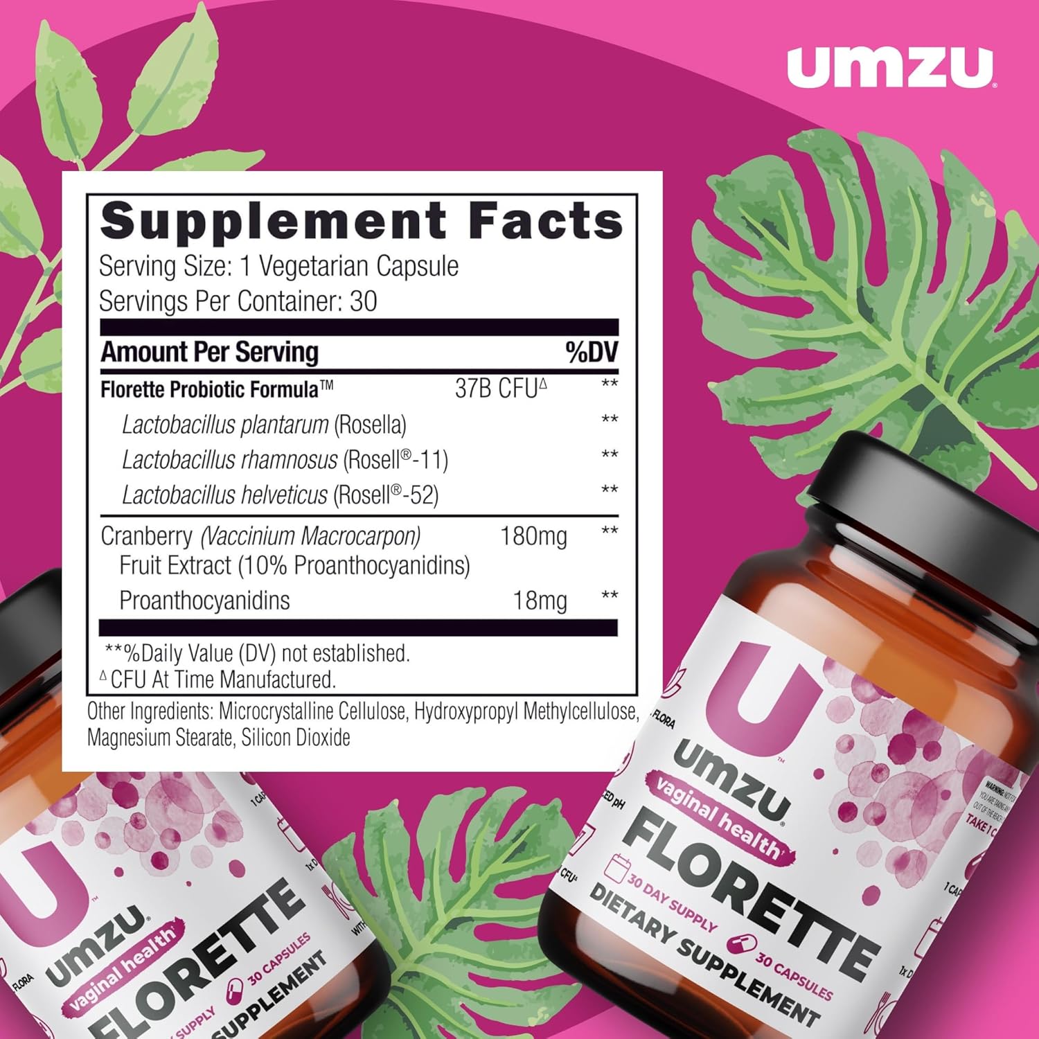 UMZU Florette Vaginal Probiotic with Cranberry Extract for Women | Promotes Vaginal pH Balance, Odor Control, UTI Prevention | 37B CFU | 30 Capsules