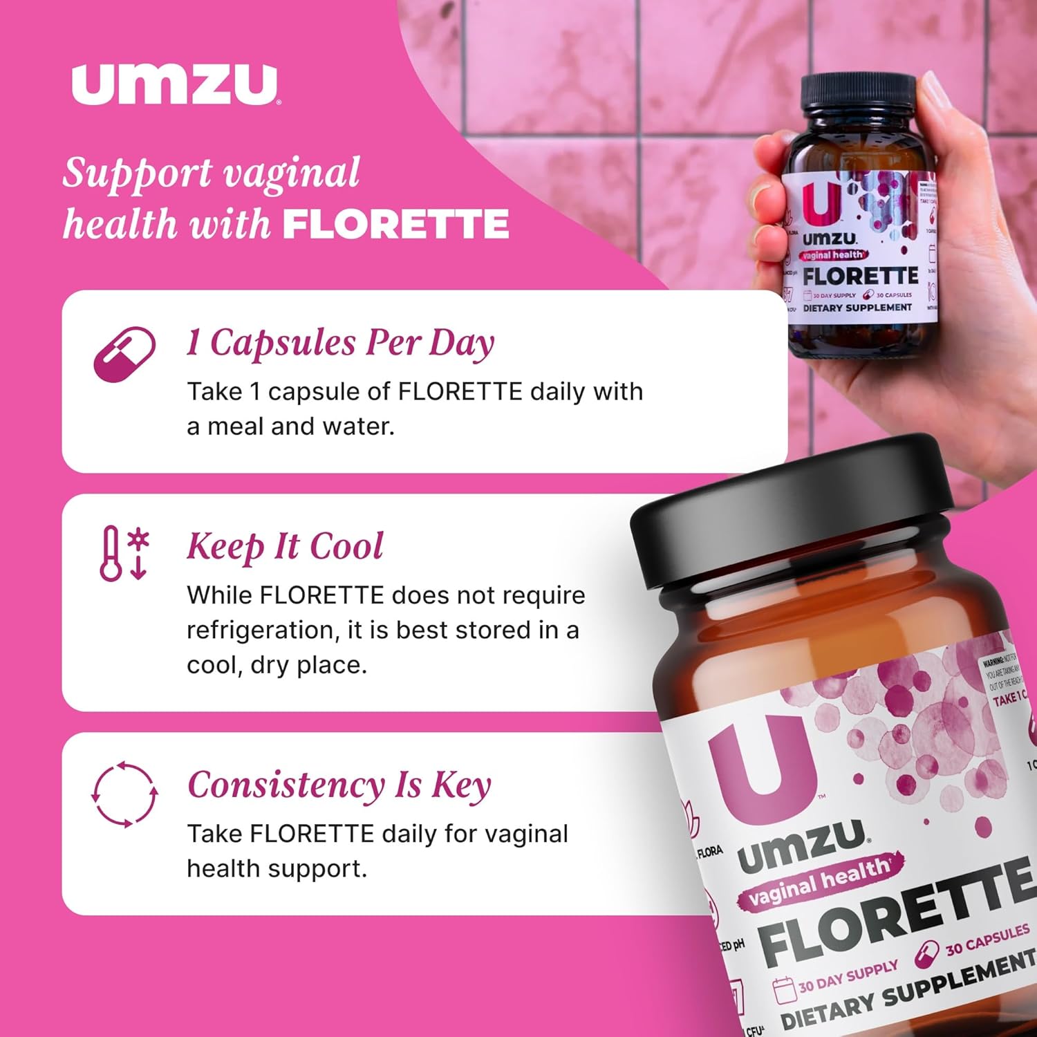 UMZU Florette Vaginal Probiotic with Cranberry Extract for Women | Promotes Vaginal pH Balance, Odor Control, UTI Prevention | 37B CFU | 30 Capsules