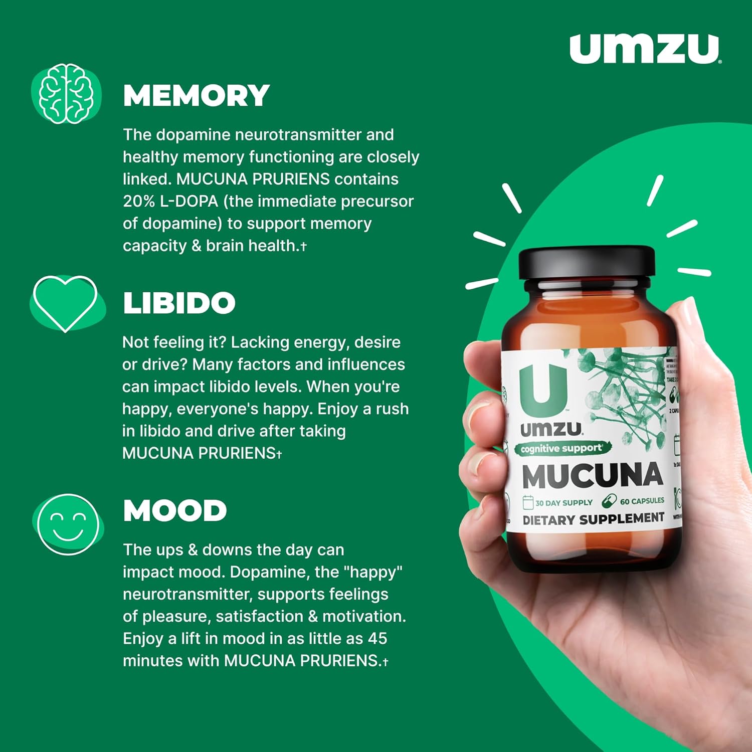 UMZU Mucuna Pruriens Capsules - Supports Dopamine Production, Brain Health, Memory & Well-being - Antioxidants & Hormone Support - 30 Day Supply