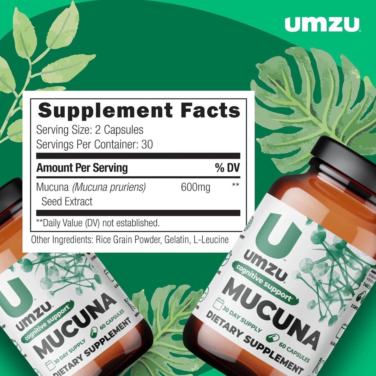 UMZU Mucuna Pruriens Capsules - Supports Dopamine Production, Brain Health, Memory & Well-being - Antioxidants & Hormone Support - 30 Day Supply