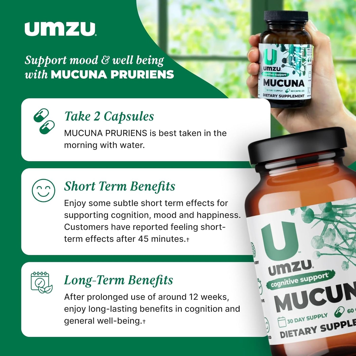 UMZU Mucuna Pruriens Capsules - Supports Dopamine Production, Brain Health, Memory & Well-being - Antioxidants & Hormone Support - 30 Day Supply
