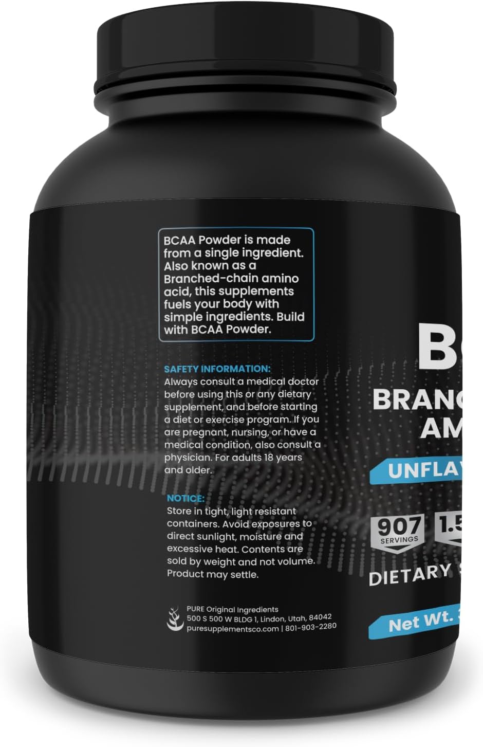 Unflavored BCAA Powder, 3 lbs, 2:1 Ratio, 907 Servings, Pure Ingredients, No Additives