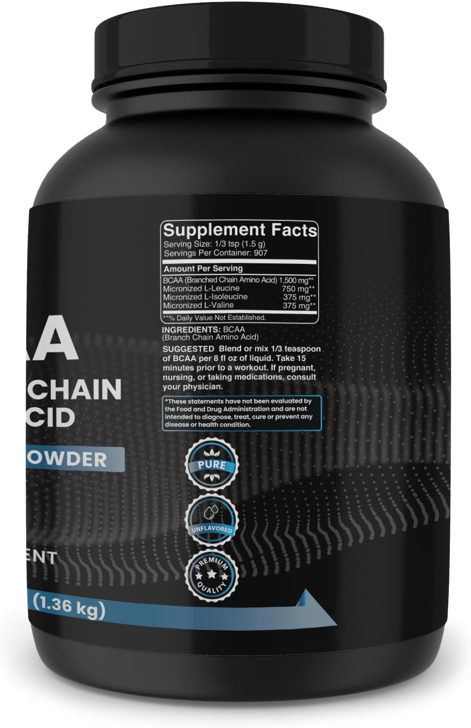 Unflavored BCAA Powder, 3 lbs, 2:1 Ratio, 907 Servings, Pure Ingredients, No Additives