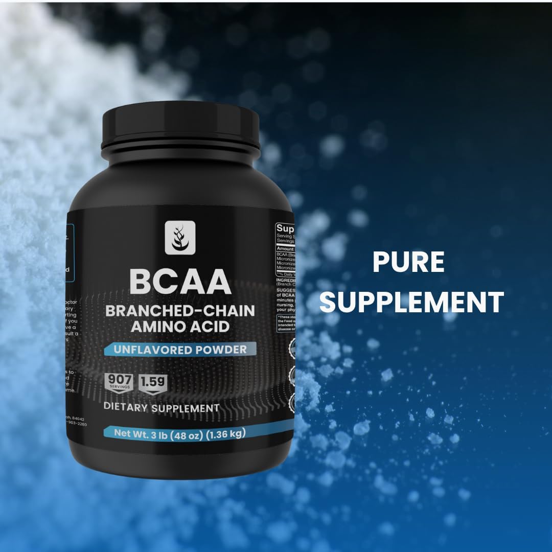 Unflavored BCAA Powder, 3 lbs, 2:1 Ratio, 907 Servings, Pure Ingredients, No Additives