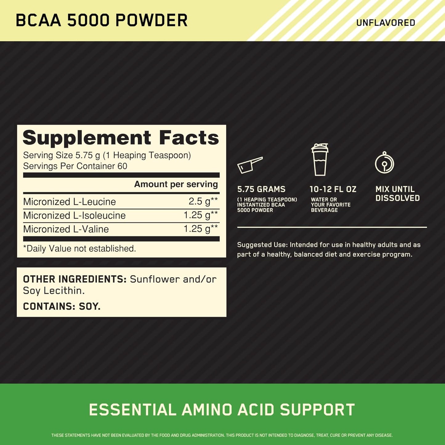 Unflavored BCAA Powder for Keto Diet, 5000mg, 60 Servings - Optimum Nutrition