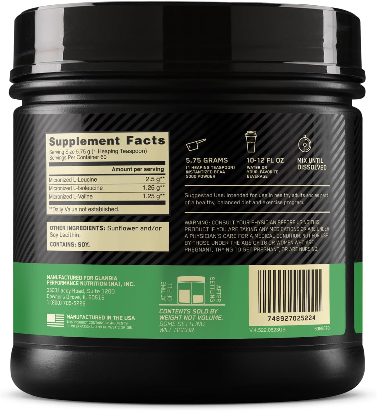 Unflavored BCAA Powder for Keto Diet, 5000mg, 60 Servings - Optimum Nutrition