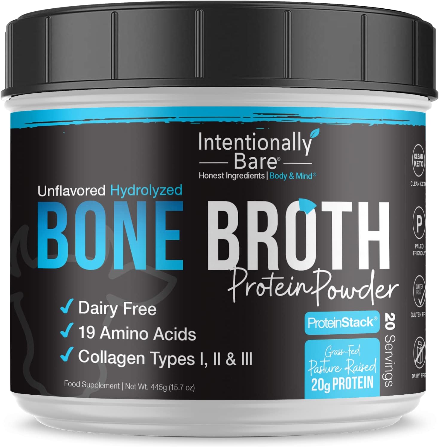 Unflavored Bone Broth Collagen Peptides Powder - Dairy Free Type 1 & 3, Pasture Raised, Grass Fed Protein for Gut & Joints - 20 Servings