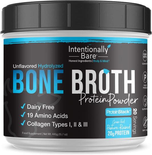 Unflavored Bone Broth Collagen Peptides Powder - Dairy Free Type 1 & 3, Pasture Raised, Grass Fed Protein for Gut & Joints - 20 Servings