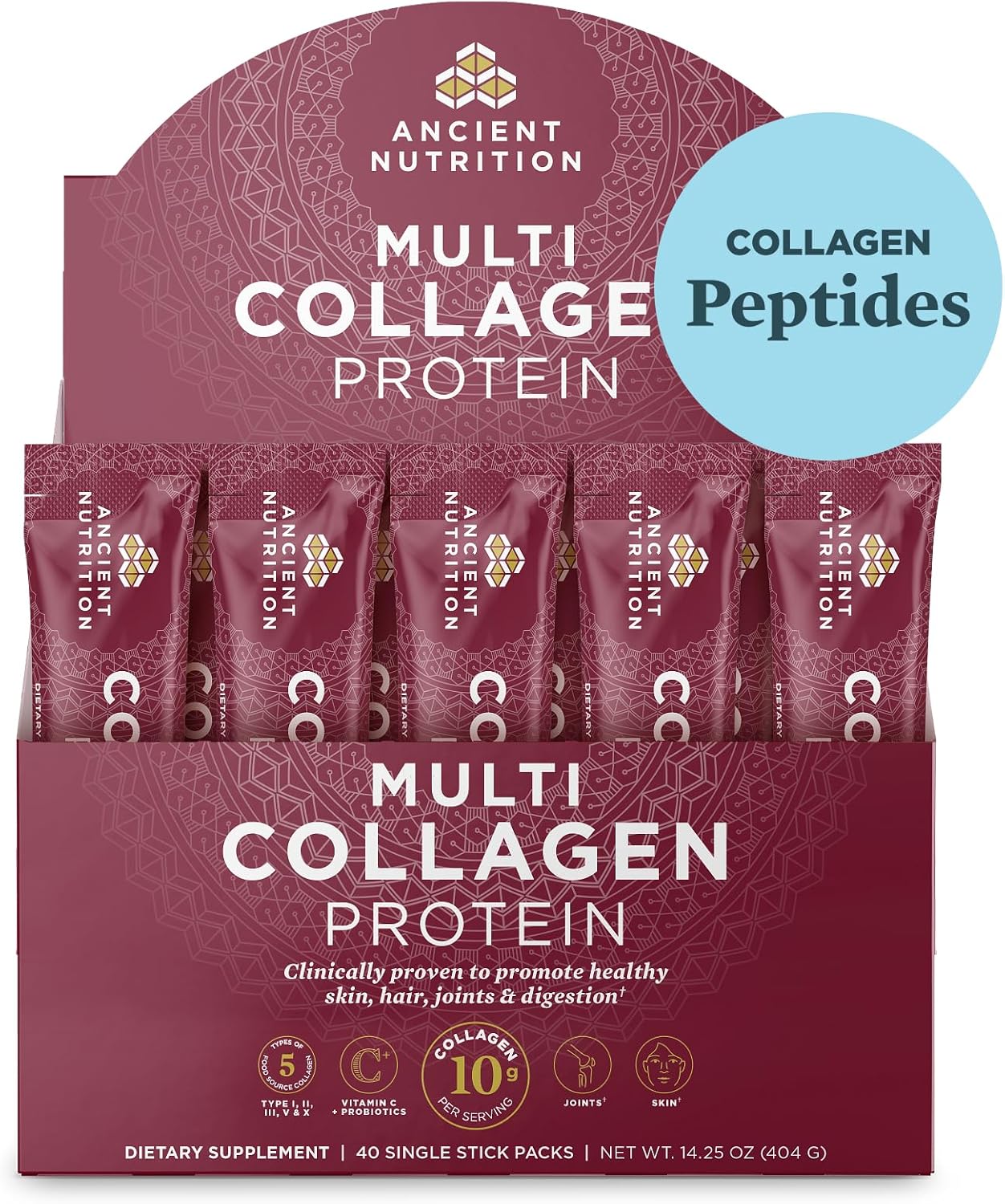 Unflavored Collagen Protein Powder Packets with Vitamin C - 40 Packets for Skin, Nails, and Gut Health