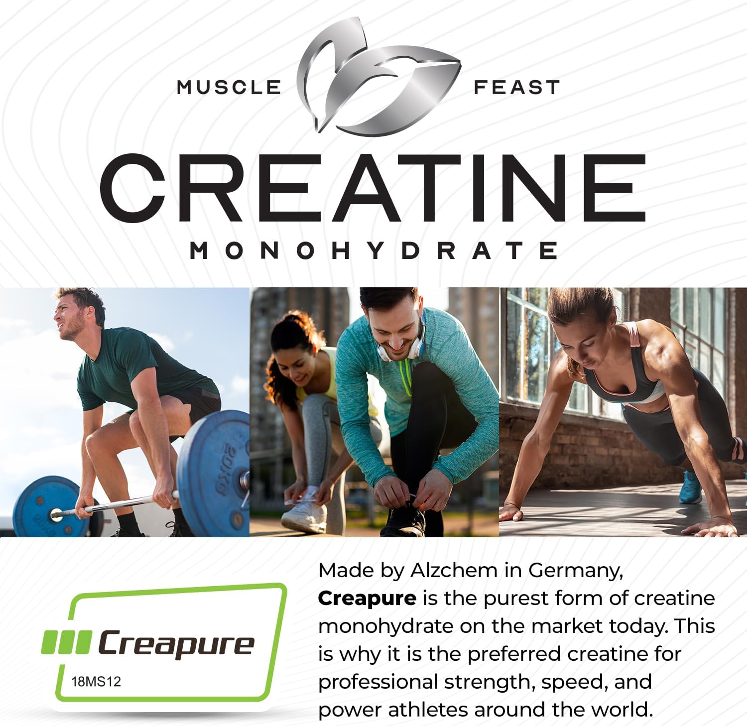 Unflavored Creapure Creatine Monohydrate Powder for Muscle Growth & Recovery - Vegan, Keto & Gluten-Free - 300g