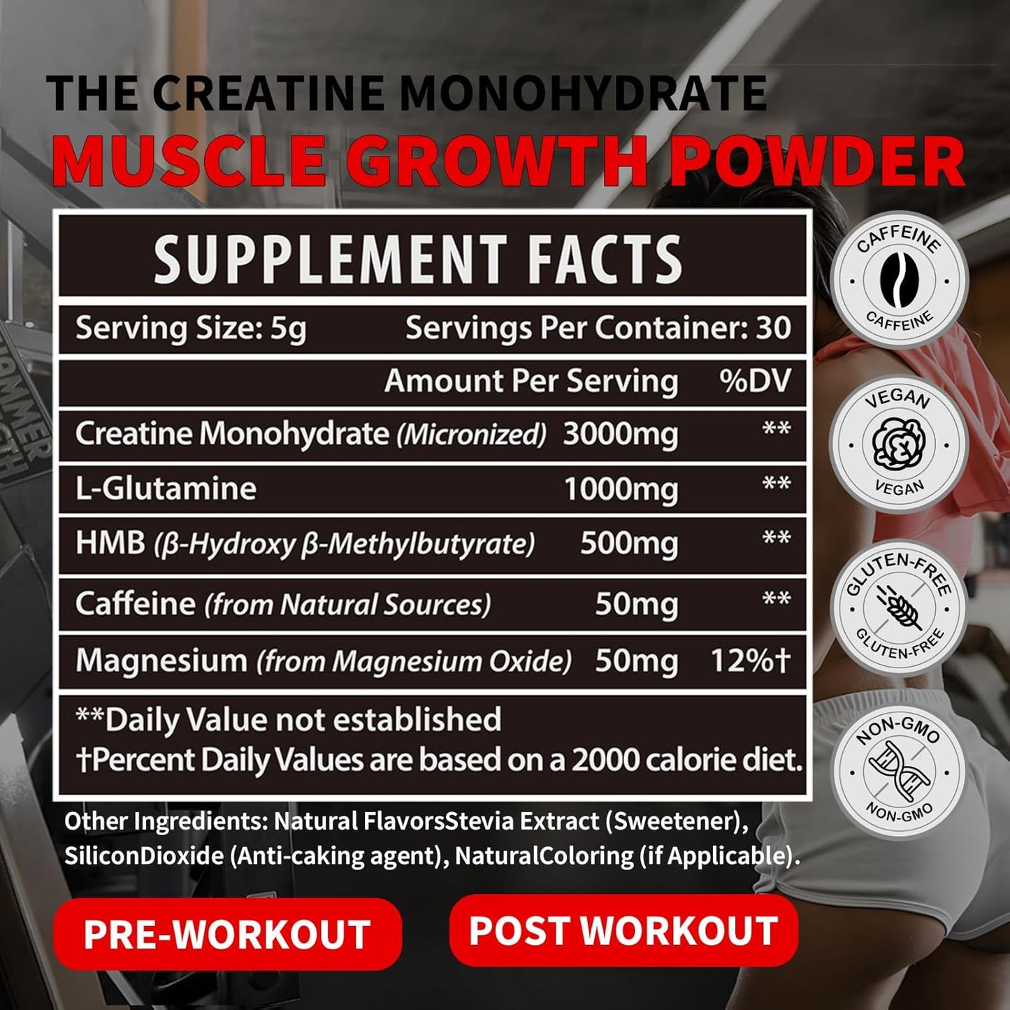 Unflavored Creatine Powder with HMB for Muscle Growth & Recovery - Micronized Creatine Monohydrate for Men and Women, 30 Servings