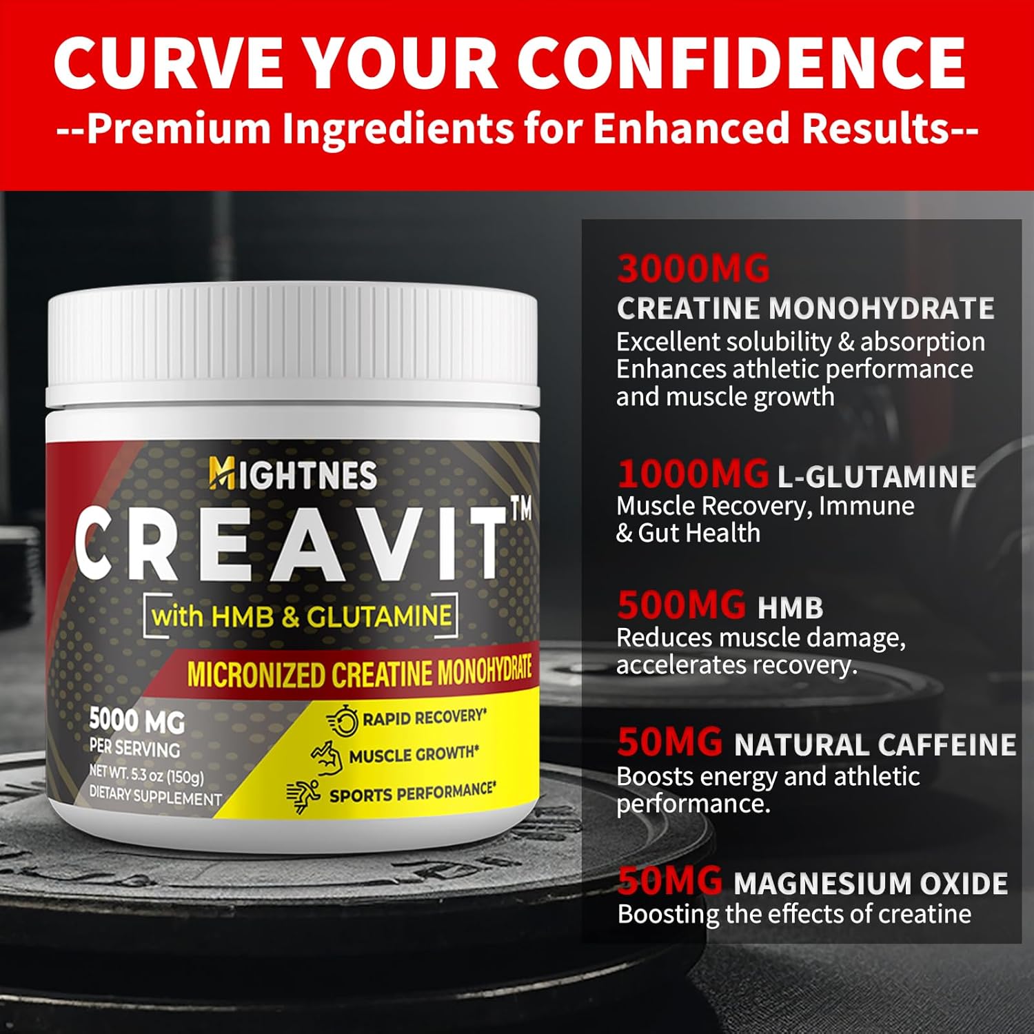 Unflavored Creatine Powder with HMB for Muscle Growth & Recovery - Micronized Creatine Monohydrate for Men and Women, 30 Servings