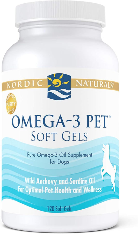 Unflavored Fish Oil Soft Gels for Dogs - Nordic Naturals Omega-3 Pet - 120 Soft Gels - 330mg Omega-3 - Supports Heart, Skin, Coat, & Immune Health