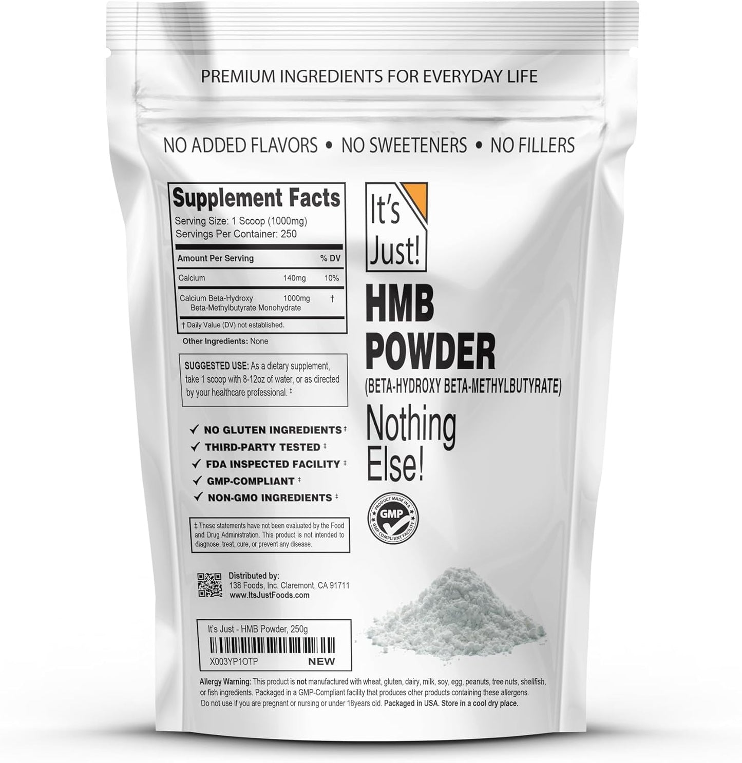Unflavored HMB Powder 250g - Beta-Hydroxy Beta-Methylbutyrate Free Acid - GMP Compliant - Third-Party Tested