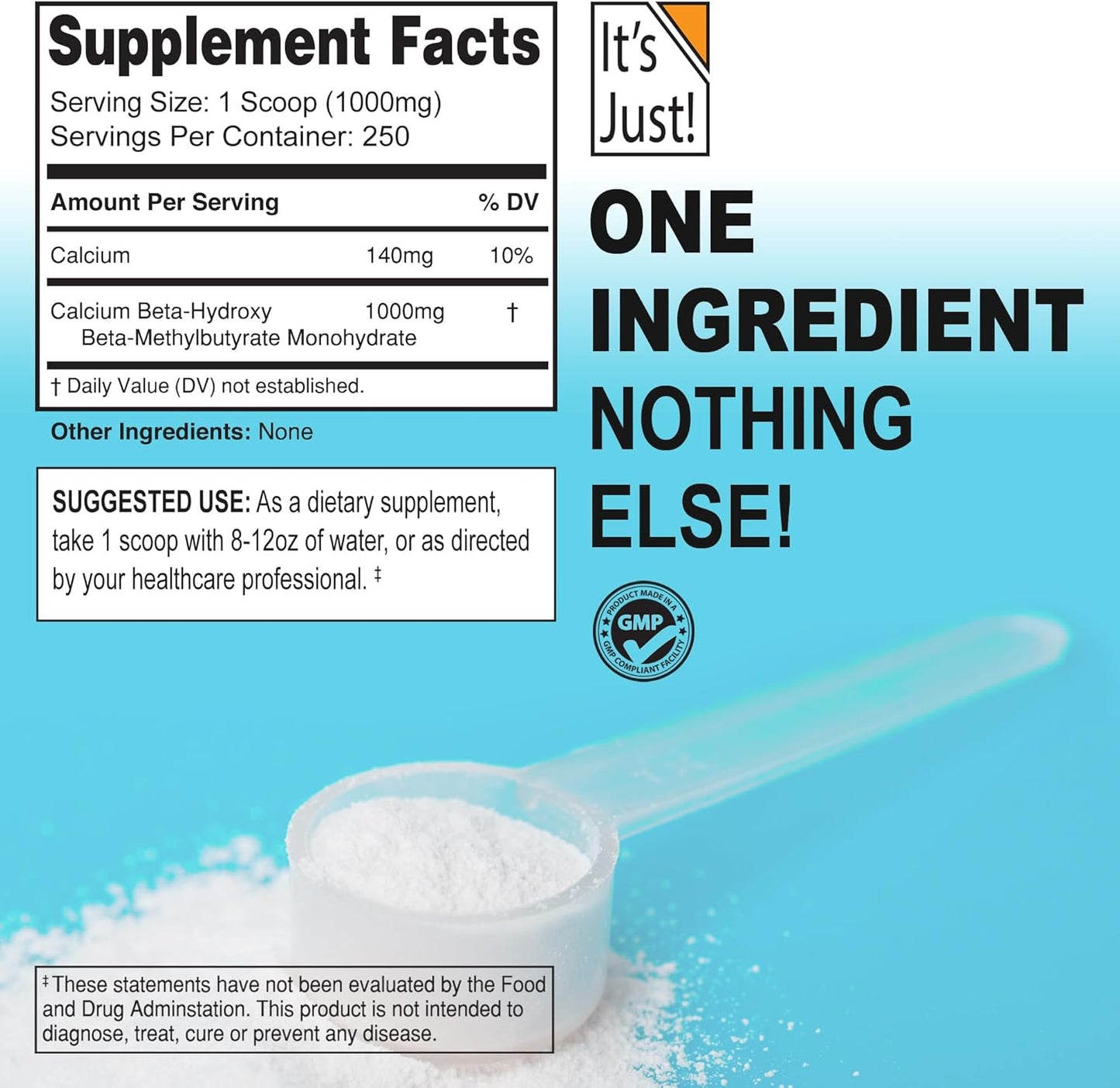 Unflavored HMB Powder 250g - Beta-Hydroxy Beta-Methylbutyrate Free Acid - GMP Compliant - Third-Party Tested