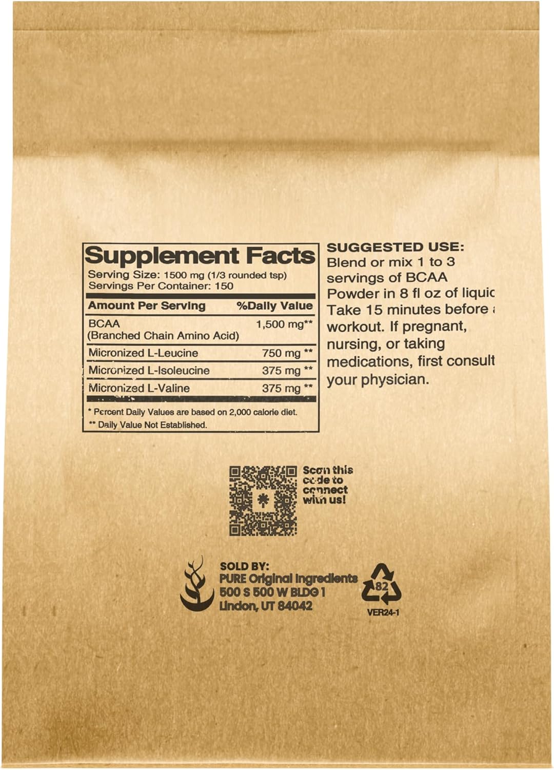 Unflavored Instantized BCAA Powder - Pure Original Ingredients, 8oz Supplement