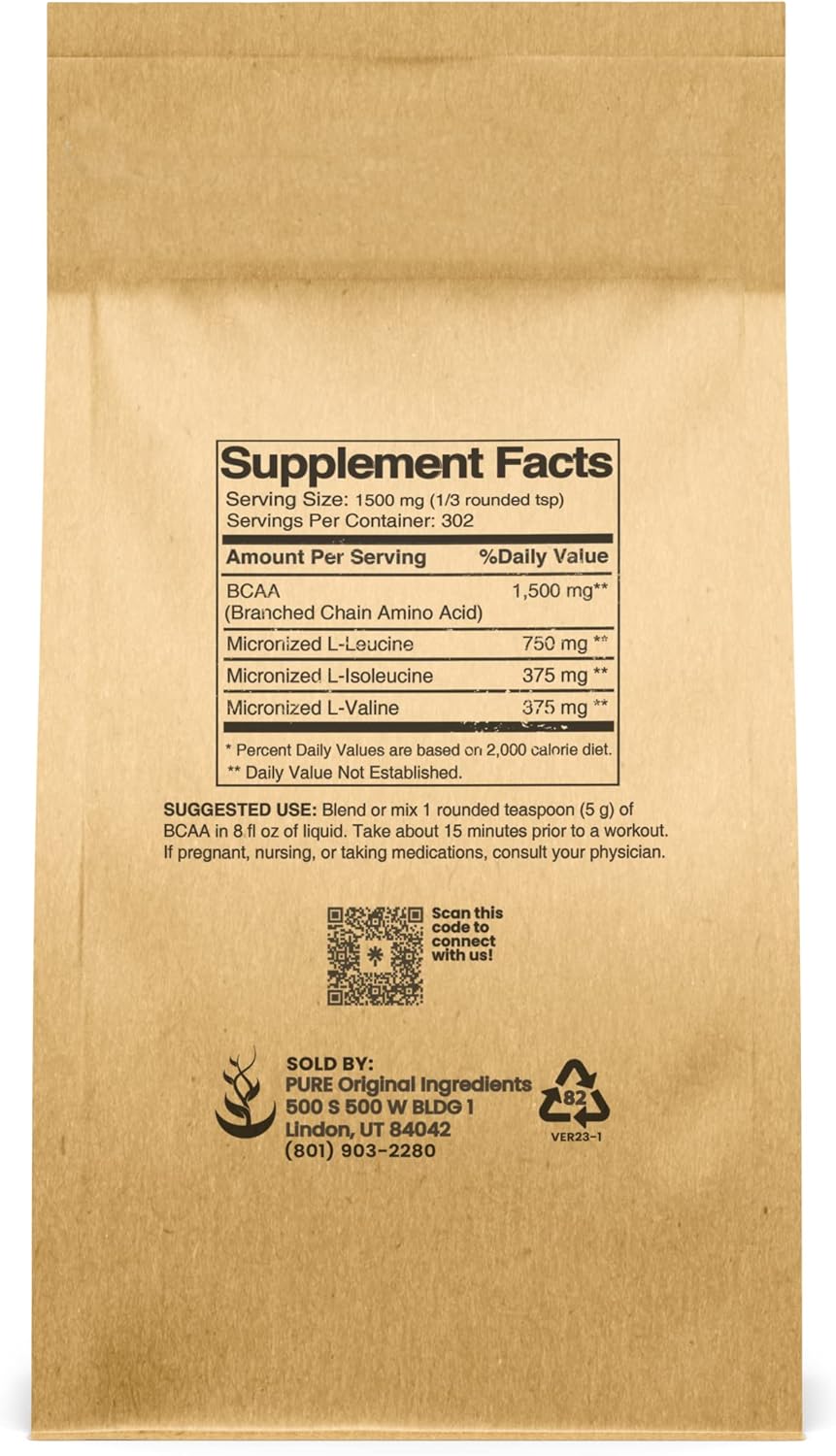 Unflavored Instantized BCAA Powder - Pure Original Ingredients, 1lb - Essential Branched Chain Amino Acids Supplement