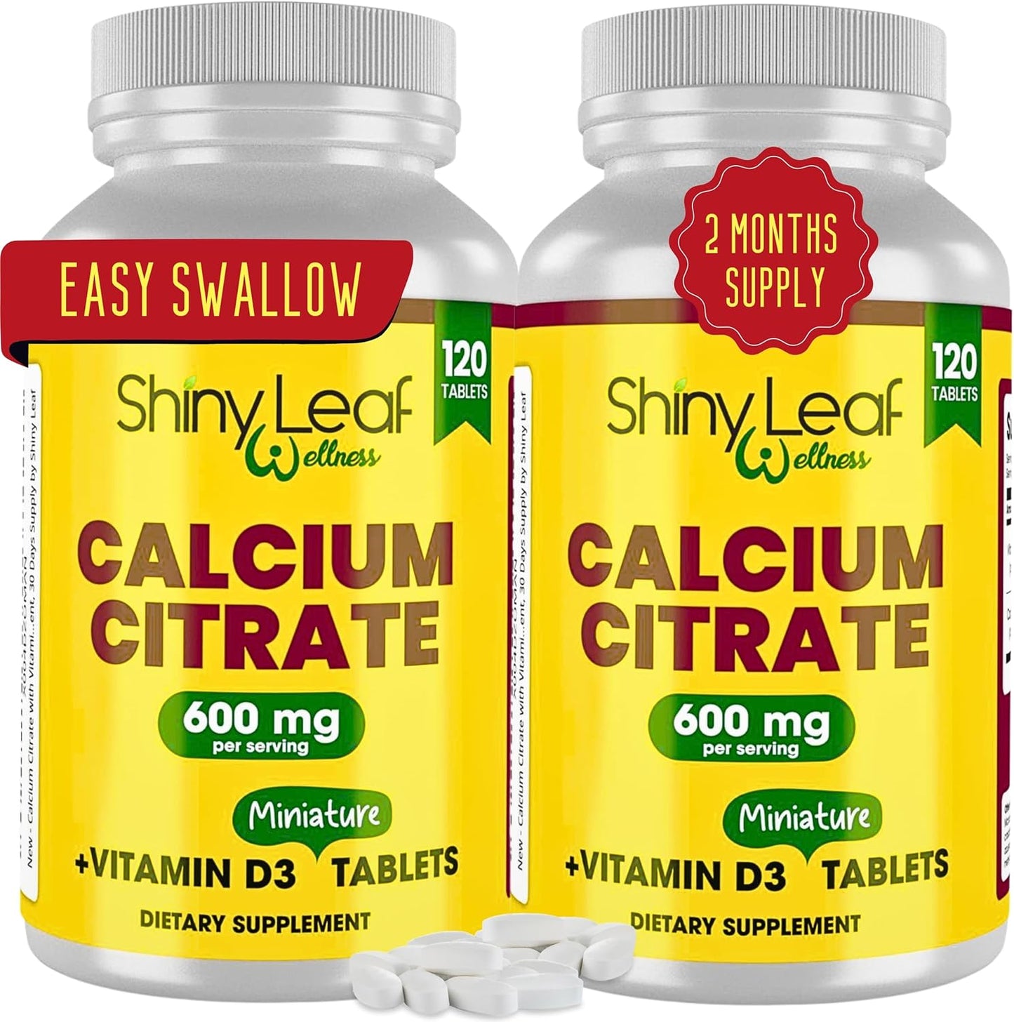 Unflavored Mini Calcium Citrate 600mg Tablets with Vitamin D3 for Women and Men - Easy Swallow Supplement - 60 Day Supply by Shiny Leaf