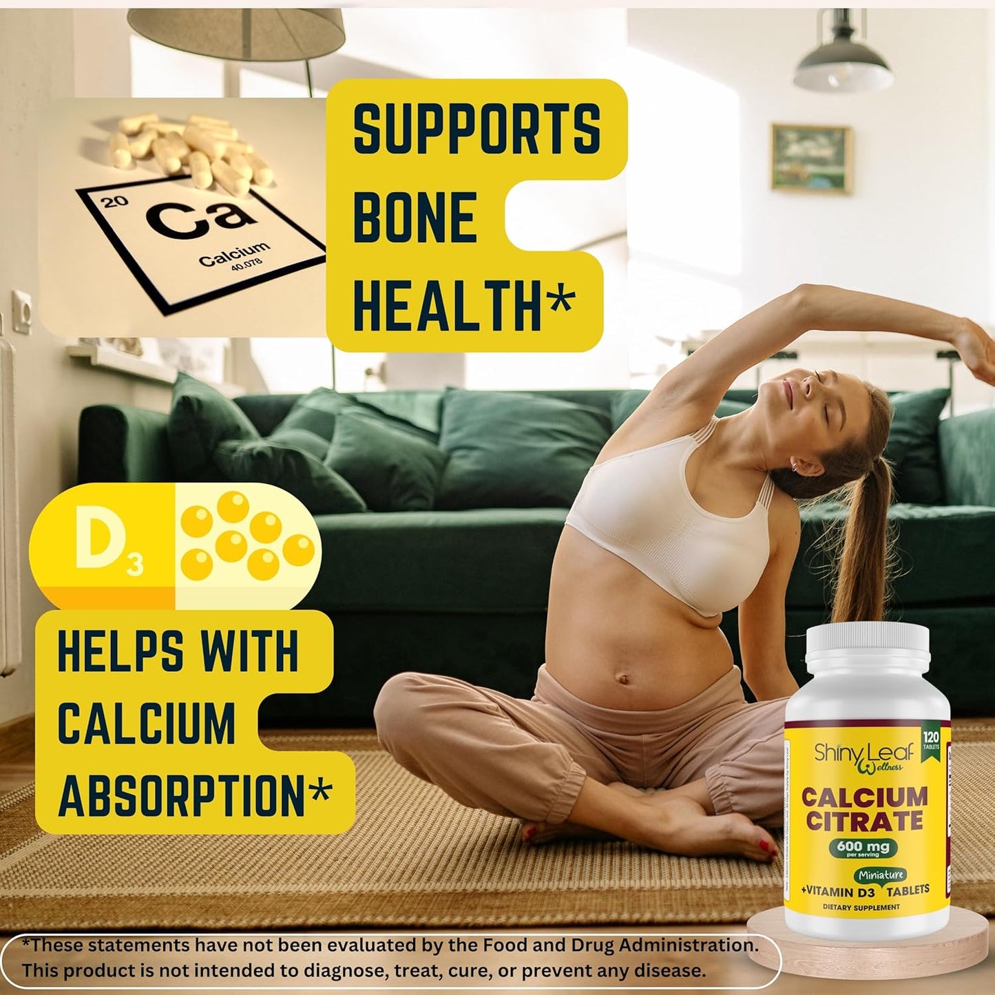 Unflavored Mini Calcium Citrate 600mg Tablets with Vitamin D3 for Women and Men - Easy Swallow Supplement - 60 Day Supply by Shiny Leaf