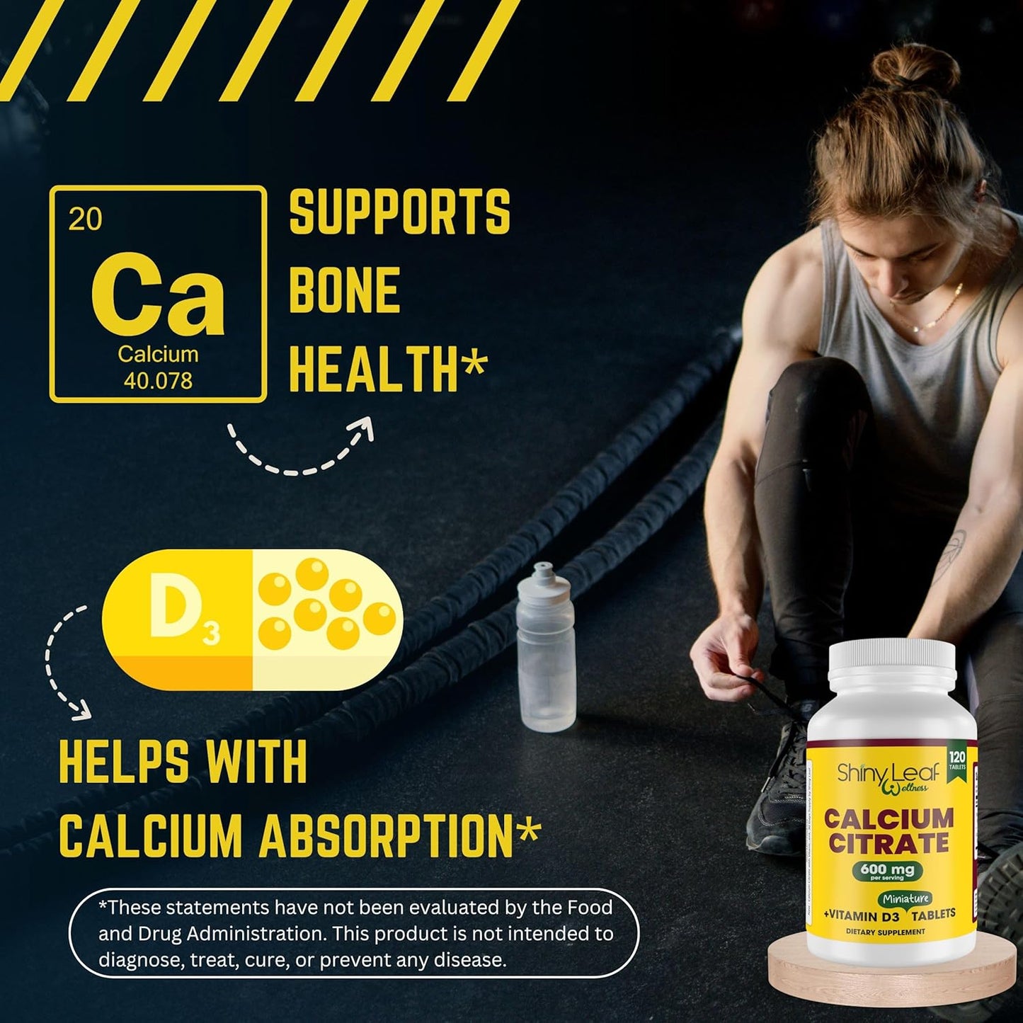 Unflavored Mini Calcium Citrate 600mg Tablets with Vitamin D3 for Women and Men - Easy Swallow Supplement - 60 Day Supply by Shiny Leaf