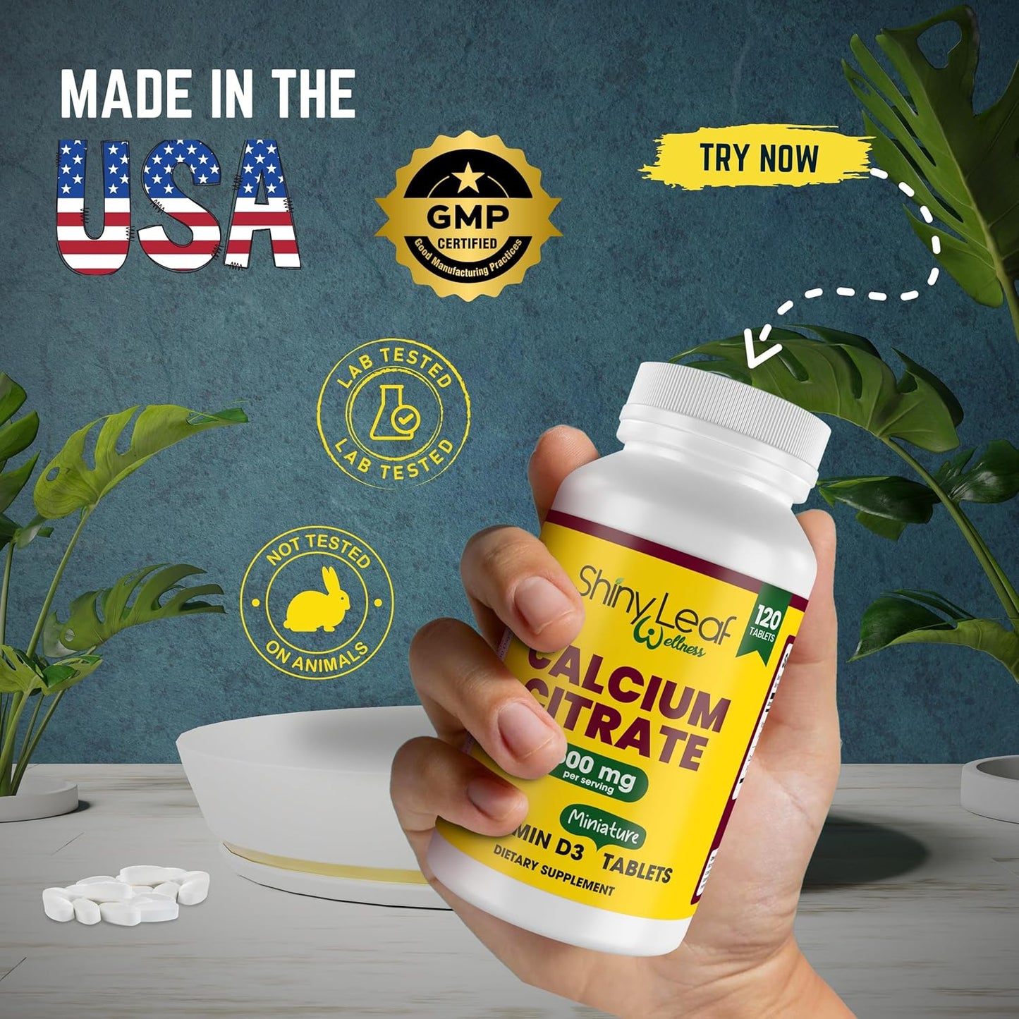 Unflavored Mini Calcium Citrate 600mg Tablets with Vitamin D3 for Women and Men - Easy Swallow Supplement - 60 Day Supply by Shiny Leaf